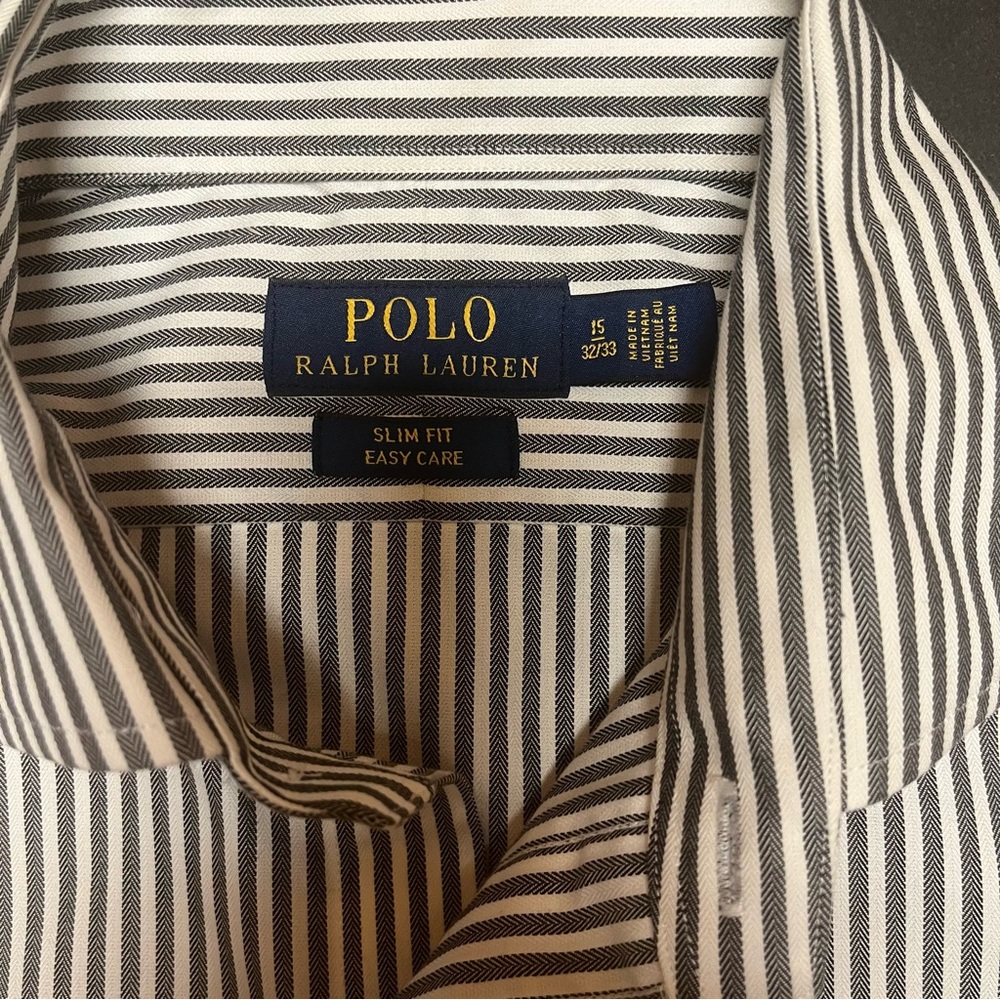 Polo Ralph Lauren Blue Label 15” Neck Slim Fit Gray/White Stripe Preppy Casual - Picture 3 of 9
